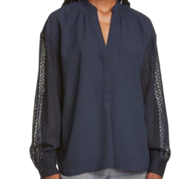 Club Monaco Tops - Club Monaco Navy Blue Lace Sleeve Blouse
